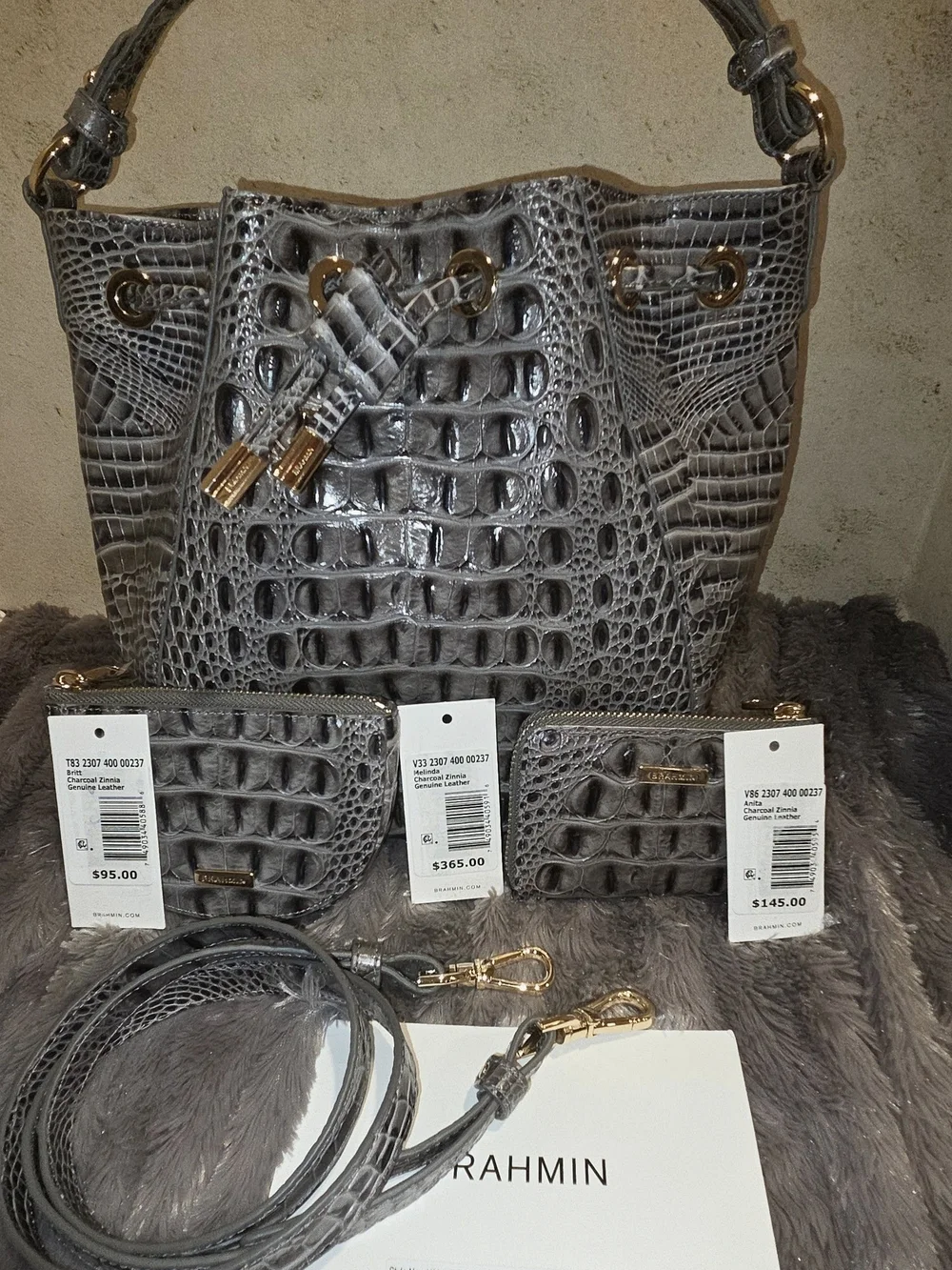 Brahmin Melinda Croc-Embossed Bucket Bag in Grey Plus 2 Additional Accessories - Picture 8 of 9